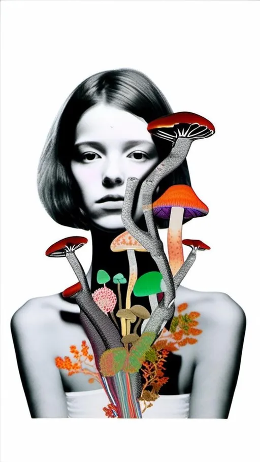 Prompt: A mixed media collage of a black and white photograph of a young woman growing all kinds of colorful multimedia psychedelic mushrooms and fungus out of her body (incorporate things like- but are not limited to - vibrant paints, enamels, glitters, metallic foils, newspaper and magazine cut paper, paint spatter, etc)<mymodel>