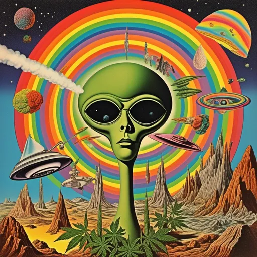 Prompt: A surreal vintage 70s psychedelic sci-fi collage involving- aliens, UFOs, cannabis, marijuana, aliens smoking reefer, aliens smoking weed out of a bong, spliced in with alien surreal landscapes, geometric shapes, optical illusions or trippy psychedelic patterns, planets and starts, rainbow spectrums<mymodel>