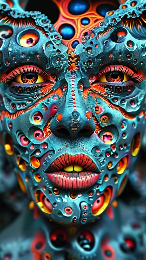 Prompt: Create an extremely hyper-realistic, ultra super textural, weird, trippy, surreal, psychedelic eyes/teeth/mouth pattern/design based on the “labyrinth fractal” & “op art tiling” with lots of human eyes (crazy colorful compound psychedelic), rows of human teeth, human lips, and tongues. 

- **Colors**: determined by the natural properties and expressions of the elements (& their isotopes), raw rough minerals, and metals:
- Molybdenum (Mo)
- Fire Opal

**Shapes and forms**
- main form: “labyrinth fractal”
-other shapes determined by the natural properties and expressions of the elements (& their isotopes), raw rough minerals, metals, and biological organisms: 
- Molybdenum (Mo)
- Fire Opal

- **Textures**: Derived from any/all elements (& their isotopes), minerals, metals, crystals, organic things mentioned in this prompt: 
- “labyrinth fractal”
- Molybdenum (Mo)
- Fire Opal

**Composition and Layout**:
- a pattern/design based on “labyrinth fractal”
- 3 dimensional


**Lighting**
- lots and lots of bright shining reflective light
- opalescence


**Detail and Atmosphere**:
- Extreme hyperrealistic sharp high detail high definition organic and mineral textures
- Psychedelic, weird, odd, surreal atmosphere
- Frozen in time

**Additional Elements**:
- extra rows of teeth, lips, many eyes, “labrynth fractal”, Aventurescence, Chatoyancy