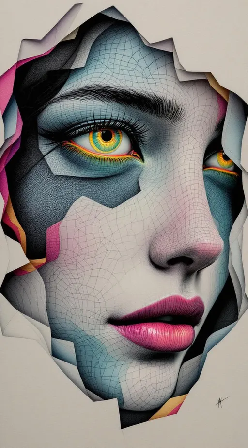 Prompt: A female face unfolds across impossible space—tessellated, recursive, and drawn in thick, uneven ink lines. In the style of La Planète Sauvage, she is not realistic but ritual: a hyper-stylized visage stretched across a non-Euclidean manifold, every contour warped by logic. Her expression is a paradox, hovering somewhere between diagram and myth. Eyes spiral as limit cycles around strange attractor loops, each one inked in tight elliptical bands, orbiting voids rimmed with rainbow halos. Her lips follow curved geodesics—pulled along warped surfaces in matte strokes of spectral pink and solar green. Her cheekbones ripple outward in Hilbert folds, crumpling the page behind her.

The entire face is embedded in a dual lattice: one half the Fractal Memory Field—drawn as nested Penrose tiles in dusty neon—and the other the Chromaflux Constraint Net, painted as hyperbolic grids stitched with glowing braid-knots. These patterns do not sit on her—they become her: nose a focal node of dimensional interference; forehead a Klein-braid of tiling syntax, spiraling in iridescent filament arcs.

Color here does not blend—it diffracts. Harsh rainbow lighting fractures across her skin like broken glass dipped in oil. Auroral ribbons loop through recursive mesh. Every layer of recursion shifts both shape and hue—chromatic torque spirals through Möbius arcs, folding prismatic glyphs into hyperspace along brush-scrawled vector lines.

Her hair dissolves into nested geometry: tessellated ribbons and spectral lattices curl like illustrated smoke, each strand tipped with moiré sparkles and drawn distortions. Her expression flickers with encoded meaning—half-symbol, half-glitch, alive within the folds of Riemann topology.

She is maximalist and spatially unstable. A conscious diagram. A sacred drawing of feedback loops and chroma logic. A face-shaped equation rendered in psychedelic ink.