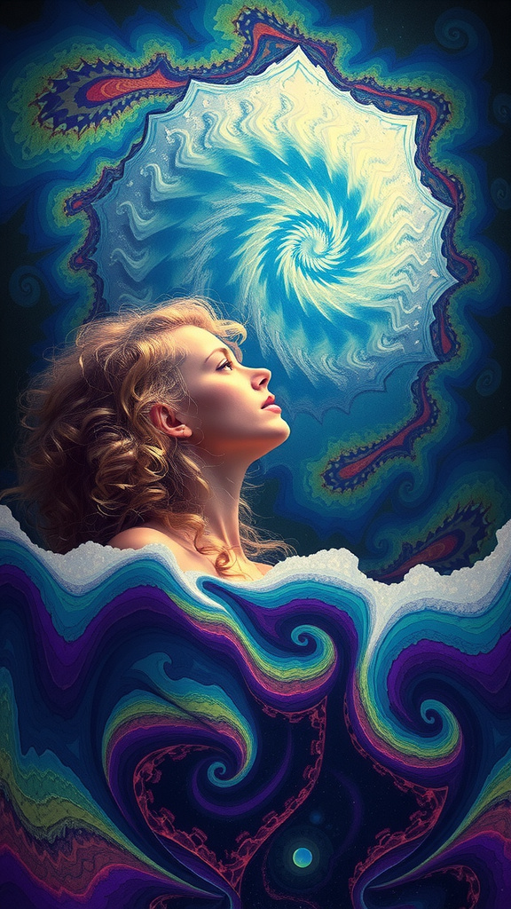 Prompt: A psychedelic ego death experience. A girl with long blond curly hair on psychedelics hallucinating herself melting into and becoming fractals, drowning in an infinite swirling subterranean underground angry chaotic roiling ocean of pure fractals geometry.  She melts, and becomes one with the ocean, becoming fractals herself and experiencing being one with everything in the universe, seeing it all from every point of view, before forming into human again over and over. Fractal geometry ocean, waves, currents, riptide, flowing, churning, underground cave 