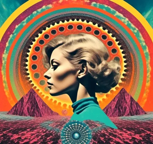 Prompt: <mymodel>Psychedelic trippy collage with a surreal vintage 70s sci-fi feel, vibrant colors, retro futuristic elements, surreal landscapes, detailed psychedelic patterns, high quality, vintage sci-fi, mixed with photograph of a woman with blond curly hair, geometric shape and optical illusions, vibrant colors, surreal, detailed patterns, trippy, collage, 70s, retro futuristic, eyes, surreal landscapes, detailed, atmospheric lighting