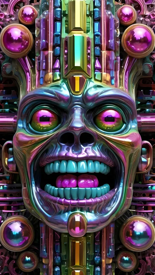 Prompt: An extremely hyperrealistic weird surreal trippy psychedelic bismuth-based lifeform, infused with lots of crazy multicolored compound psychedelic human eyes, rows and rows of human teeth, lips, and tongues, bismuth colors, vibrant iridescent hues, pinks, blues, greens, yellows, metallic sheen, bismuth patina, oxidation, intricate patterns, rhombohedral crystal structures, polygonal shapes, conductive, brittle, complex geometric forms, surreal, organic shapes, flowing forms, liquid bismuth, solid bismuth, corroded textures, tarnished surfaces, electrical conductivity, low thermal conductivity, chemical reactivity, environmental interaction, metallic luster, high reflectivity, surrealistic, biomorphic, complex symmetry, iridescent, vibrant hues, reflective surfaces, intricate details, organic textures, psychedelic elements, dynamic, mesmerizing, otherworldly, intricate, detailed, vibrant, surreal, biomorphic, organic, metallic.
 extreme organic and metallic textures
