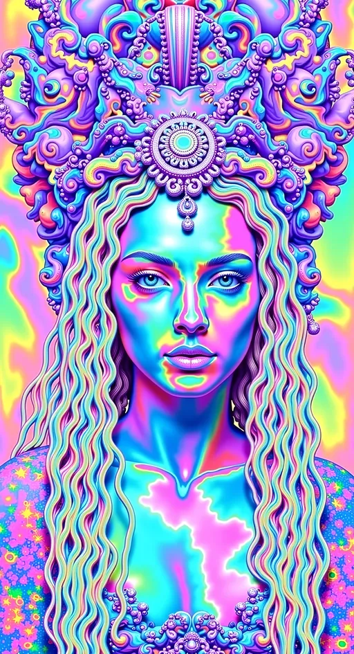 Prompt: Create a super hyperrealistic, finely detailed psychedelic Nouveau illustration of a Cosmic Jester. Feature the word MERRYPRANXTERworked organically into the background somehow.  This enchanting character is a merry prankster of the cosmos, an astral jokester dancing through time and space. She exudes a jester vibe, wearing feminine holographic jester attire & makeup with a feminine, harlequin twist. Not human, but humanoid, she is crafted from vibrant colored light, embodying an extra-dimensional extraterrestrial essence. Her presence is a beacon of joy, as she laughs and twirls through the cosmic astral realms, elevating vibes wherever she roams. 

Her beauty is otherworldly, with long, curly hair that shimmers like a cascade of colored light, appearing blonde yet transcending earthly hues. Her eyes sparkle with mischievous wisdom, and her attire is a dazzling array of intricate patterns and swirling colors, reminiscent of both jester garb and celestial phenomena.

Incorporate the text "the merrypranxter" above her in smaller, elegant lettering, seamlessly blending into the cosmic background. This text should capture the essence of her playful spirit, as if it were a whisper from the universe itself. The illustration should radiate her vibrant energy, portraying her as a timeless wanderer spreading joy and wonder throughout the cosmos.