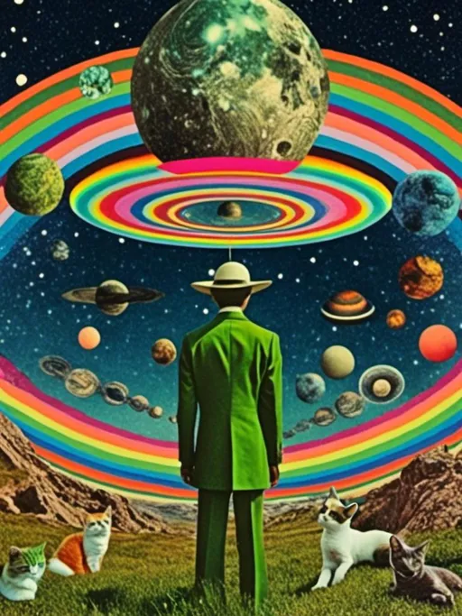 Prompt: <mymodel> Vintage 70s psychedelic surreal sci-fi Collage, analog, cut & paste, outer space, rainbows, spectrum, optical illusions/trippy patterns, surreal alien landscapes, UFOs, « little green men », psilocybin mushrooms, geometric shapes , planets, orbs, black night sky with stars, in the center, cats, 