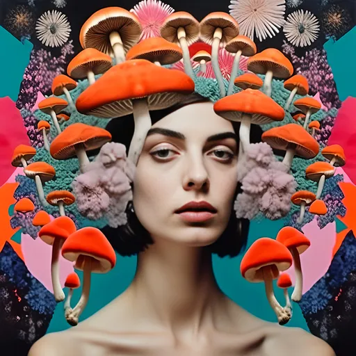 Prompt: <mymodel>Mixed media collage of a beautiful woman, mushroom headpiece, surreal atmosphere, vibrant colors, high quality, mixed media collage, surreal, vibrant colors, detailed facial features, ethereal lighting