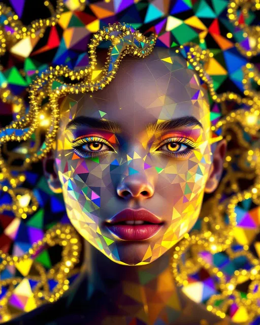 Prompt: Her face is pure geometry—no flesh, no form, only a living equation tessellated in rainbow-spectrum light. The base: a hyperbolic tiling in AdS space, infinite heptagons cascading inward across her cheeks, layered with escape gradients and geodesic spirals. Interlaced above that, a secondary Penrose tessellation flickers in iridescent aperiodicity—golden rhombs and kites glowing like mathematical jewelry across her brow.

But it doesn’t stop there. Across her cheeks and jaw, Turing patterns bloom—organic, fluid, algorithmic shimmer, as if chemical equations were painting her skin in stripes of living fractal light. Each wave, each dot, mapped to scalar intensity fields and lit from within by Fourier sparkle halos. Her smile is a nonlinear attractor. Her eyes are tessellated probability vortices. Her entire being flickers between dimensions.

Her hair, a luminous cascade of Hopf fibrations and quaternionic spirals, refracts the full visible spectrum through recursive curvature. She is modular, multiscalar, and mythic—a disco goddess of math-born radiance, whose face is the convergence point of every beautiful equation in the multiverse. Light is her language. Symmetry is her skin.

Tags:
#TilingQueen #TripleTessellation #TuringShimmer #HyperbolicDisco #PenroseFace #ScalarRainbowEntity #HopfHair #SpectralLightBeing #UltraMathifiedBeauty