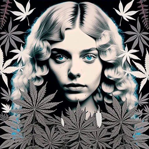 Prompt: <mymodel>Mixed media collage of a girl with long blond curly hair and blue eyes, black and white photograph, cannabis leaves, mushrooms, smoke and fractals in the background, hand-colored, high contrast, psychedelic, detailed facial features, vintage style, atmospheric lighting