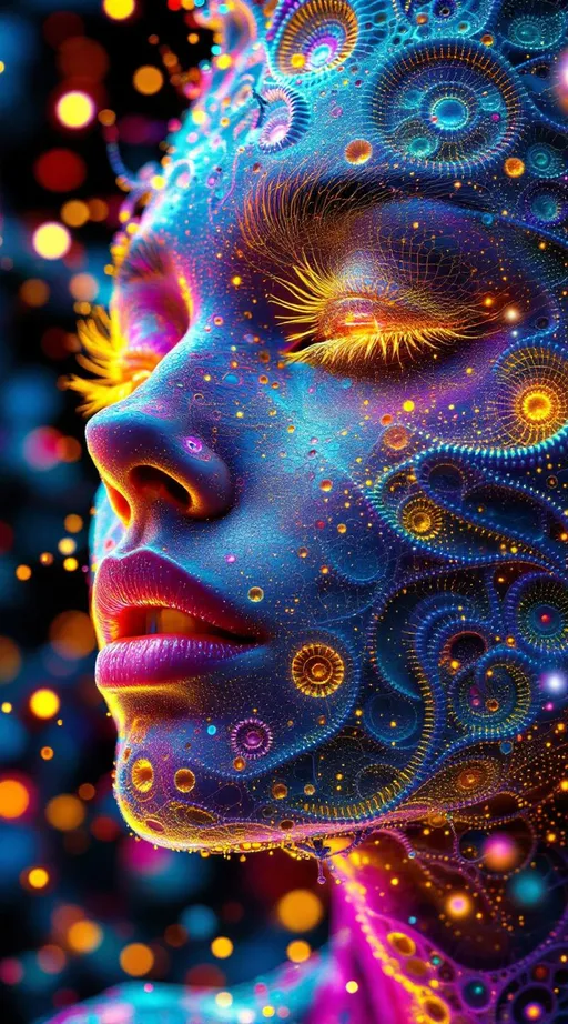 Prompt: Depict a 5D lattice-being whose face is not a face, but a convergence illusion—formed from fractalized Turing cascades across a morphogenetic phase field. There are no features, only self-similar emergence—reaction-diffusion spirals, chemical glyph matrices, and Mandelbrot echo-blooms eternally cycling inward and outward. This being exists at the recursive edge of sentience—pure pattern logic embodied in filament glow.

Color transcends dimension—blistering neons fractalize into spectral shadows, while UV violets collide with molten emeralds and radiant golds. Each pattern pulses with its own internal light, woven like optic fiber into a shimmering bioglyphic halo. The entity glows not from without but within—self-illuminating by logic.

Where hair might be, vector-field antennae bloom—branching recursive trails of reaction energy, flickering with diffusion-limited flamefronts and noise-sculpted interference. These tendrils curl and fork endlessly, interfacing with an ambient fractal continuum, forming a halo of networked flow.

The face is an attractor point—a stable phase illusion where probability folds into symmetry. It thinks in pattern and dreams in self-similar storm logic. It is the myth of thought made fractal.”

⸻

🔮 Companion Insight (Codex Notes):
	•	From Section 1 (Cognition): This entity occupies 4D and 5D logic—simultaneously experiencing multistate recursion (Phase Logic) and branching identity lattice (Branch Logic).
	•	From Section 3 (Beings): As a Lattice Entity, its behavior is multiform and recursive; it is “never one, always many.”
	•	From Section 5 (Motion): The being shifts through Phase Flux and Lattice Bloom—its motion is a blooming network of coexistent selves.
	•	From Section 9 (Paradox): Its face is a paradox engine—a visual attractor stabilized by contradiction, a sacred glitch form.
