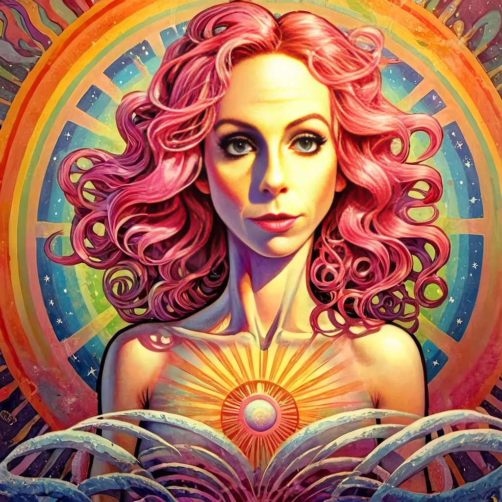 Prompt: a woman with pink hair and a sun above her head, surrounded by swirling waves and a rainbow hued sky, Alex Grey, psychedelic art, psychedelic, poster art