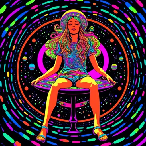 Prompt: <mymodel>Vintage 70s black light poster art illustration, girl hallucinating in space, psychedelic mushrooms, planets, moons, stars, fractals, vibrant colors, intense black light effects, detailed psychedelic girl, cosmic atmosphere, high quality, psychedelic, vintage, space, vibrant colors, fractal details, hallucination, girl illustration, retro art style, cosmic lighting