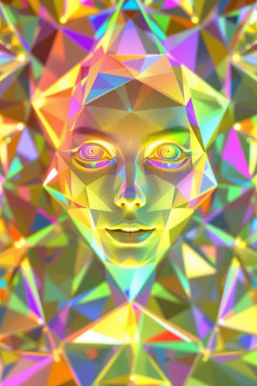 Prompt: A humanoid female entity made entirely of rainbow-colored light and recursive mathematics floats inside a vast rhombic dodecahedron-shaped dimension. Her body is a structure of pure harmonic geometry—no flesh, only interwoven fields of iridescent topology. Her face glows with golden Hilbert curves and spirographic diffraction loops, lips parted as she sings silent cymatic hymns into the lattice of light around her. Her eyes are toroidal voids, each rimmed with AdS glyph spirals, pulling in and refracting spectral data.

The space around her is crystalline and angular—12 glowing rhombic faces, each a dimensional membrane pulsing with its own recursive logic:
	•	One pulses with nested Fibonacci spirals.
	•	Another ripples with fractal dust and golden ratio interference.
	•	A third hums with Chladni figure projections.
	•	Others cycle reaction-diffusion veils, caustic bloom patterns, and vortex equations made visible.
Each face is a living plane of math, resonating with sacred color: diffraction pink, opal gold, iridescent cyan, spectral indigo, glitch-silver, and cosmic chrome.

Recursive glints flicker across her body like starcode. Her limbs extend into tangled filament spirals of Lissajous light. Glyphs orbit her form—rotating in nested mathematical shells, reacting to her presence. Behind and through her, the dodecahedron pulses—each face shifting subtly in light-phase, its angles shimmering with non-Euclidean distortion.

There is no ground. There is no gravity. Only sacred geometry, light logic, and a radiant being made of singing equations—suspended in a jewel of recursive space.
