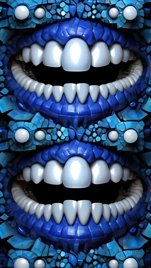 Prompt: Create an extremely hyper-realistic, ultra super textural, weird, trippy, surreal, psychedelic eyes/teeth/mouth/vertebrae pattern/design based on "Cubic L-system Fractal", with lots of human eyes (crazy colorful compound psychedelic), rows of human teeth, human lips, and tongues, vertebrae

- **Colors**: determined by the properties and expressions of the elements (& their isotopes), minerals, and metals: lapis lazuli, blue apatite, Aluminum (Al)

**Shapes and forms**
- "Cubic L-system Fractal" 
-other shapes determined by the natural properties and expressions of the elements (& their isotopes), minerals, metals, and biological organisms: lapis lazuli, blue apatite, Aluminum (Al),

- **Textures**: Derived from any/all elements (& their isotopes), minerals, metals, crystals, organic things mentioned in this prompt: lapis lazuli, apatite, Aluminum (Al);

**Composition and Layout**:
- a pattern/design based on "Cubic L-system Fractal"
**Lighting**:
- Lots of bright light
- zoomed out
- Asterism

**Detail and Atmosphere**:
- Extreme hyperrealistic sharp high detail high definition organic and mineral textures
- Psychedelic, weird, odd, surreal atmosphere
- Frozen in time

**Additional Elements**:
- "Cubic L-system Fractal", extra rows of teeth, lips, many eyes,
