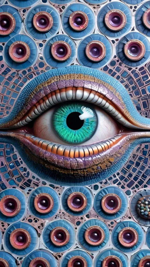 Prompt: Create an extremely hyper-realistic, ultra super textural, weird, trippy, surreal, psychedelic eyes/teeth/mouth pattern/design based on Triskelion & “Op Art tiling” with lots of human eyes (crazy colorful compound psychedelic), rows of human teeth, human lips, and tongues. 

- **Colors**: determined by the properties and expressions of the elements (& their isotopes), minerals, and metals: Helium (He), opal, moonstone, Kunzite, Fluorite, selenite, rose quartz, Palladium (Pd), “Fusarium verticillioides”, Hematite,  Trichroism

**Shapes and forms**
- Triskelion 
- "Op Art tiling" 
-other shapes determined by the natural properties and expressions of the elements (& their isotopes), minerals, metals, and biological organisms: Helium (He), opal, moonstone, Kunzite,  Fluorite, selenite, rose quartz,  Palladium (Pd), “Fusarium verticillioides”, Hematite


- **Textures**: Derived from any/all elements (& their isotopes), minerals, metals, crystals, organic things mentioned in this prompt: Helium (He), opal, moonstone, Kunzite, Fluorite,  selenite, rose quartz, Palladium (Pd), “Fusarium verticillioides”, Hematite

**Composition and Layout**:
- a pattern/design based on the Op Art tiling & Triskelion 

**Lighting**:
- lots of bright light
- Trichroism
- Iridescence
- Aventurescence
- Chatoyancy
- Asterism

**Detail and Atmosphere**:
- Extreme hyperrealistic sharp high detail high definition organic and mineral textures
- Psychedelic, weird, odd, surreal atmosphere
- Frozen in time

**Additional Elements**:
- extra rows of teeth, lips, many eyes, Op Art tiling, Triskelion, Iridescence, Aventurescence, Chatoyancy
