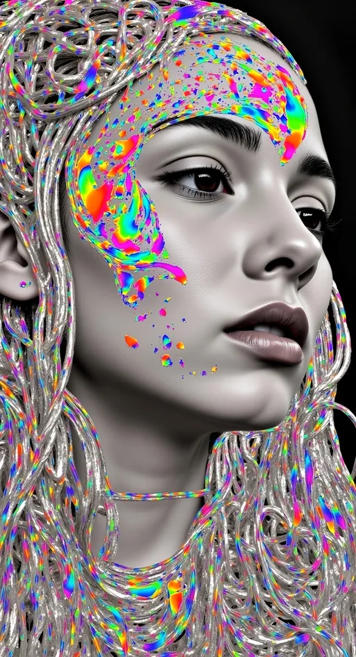 Prompt: <mymodel>beautiful female sentient rainbow entity with silver, opalescent, iridescent, bismuth crystals, rainbow oil slick sheen effect, white, translucent, bright pastel colors, lots of light,