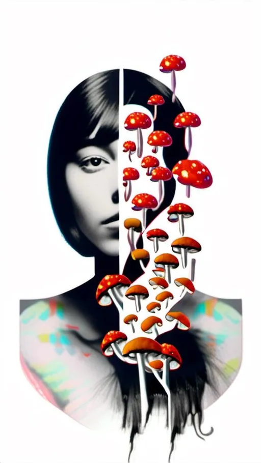 Prompt: A mixed media collage of a black and white photograph of a young woman growing all kinds of colorful multimedia psychedelic mushrooms and fungus out of her body (incorporate things like- but are not limited to - vibrant paints, enamels, glitters, metallic foils, newspaper and magazine cut paper, paint spatter, etc)<mymodel>