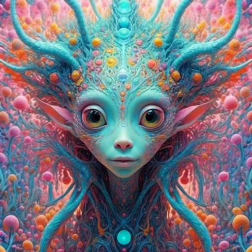 Prompt: <mymodel>an extremely hyper realistic super textural psychedelic entity/creature, trippy, weird, surreal, fractals, multidimensional geometric shapes, eyes, human teeth, lots of light, bright pastel colors, luminous, glowing, extremely textural