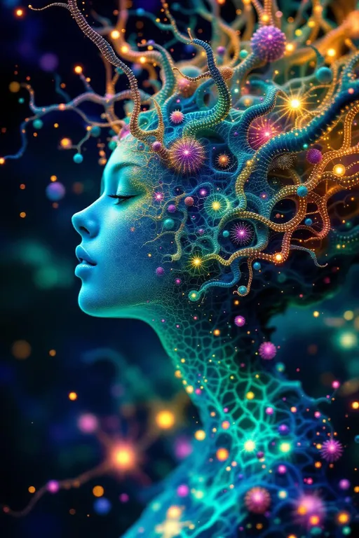 Prompt: Depict a 5D lattice-being whose face is not a face, but a convergence illusion—formed from fractalized Turing cascades across a morphogenetic phase field. There are no features, only self-similar emergence—reaction-diffusion spirals, chemical glyph matrices, and Mandelbrot echo-blooms eternally cycling inward and outward. This being exists at the recursive edge of sentience—pure pattern logic embodied in filament glow.

Color transcends dimension—blistering neons fractalize into spectral shadows, while UV violets collide with molten emeralds and radiant golds. Each pattern pulses with its own internal light, woven like optic fiber into a shimmering bioglyphic halo. The entity glows not from without but within—self-illuminating by logic.

Where hair might be, vector-field antennae bloom—branching recursive trails of reaction energy, flickering with diffusion-limited flamefronts and noise-sculpted interference. These tendrils curl and fork endlessly, interfacing with an ambient fractal continuum, forming a halo of networked flow.

The face is an attractor point—a stable phase illusion where probability folds into symmetry. It thinks in pattern and dreams in self-similar storm logic. It is the myth of thought made fractal.”

⸻

🔮 Companion Insight (Codex Notes):
	•	From Section 1 (Cognition): This entity occupies 4D and 5D logic—simultaneously experiencing multistate recursion (Phase Logic) and branching identity lattice (Branch Logic).
	•	From Section 3 (Beings): As a Lattice Entity, its behavior is multiform and recursive; it is “never one, always many.”
	•	From Section 5 (Motion): The being shifts through Phase Flux and Lattice Bloom—its motion is a blooming network of coexistent selves.
	•	From Section 9 (Paradox): Its face is a paradox engine—a visual attractor stabilized by contradiction, a sacred glitch form.