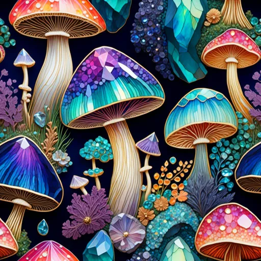 Prompt: <mymodel>Inlaid gemstone mushrooms and fungus, vibrant and iridescent, high quality, detailed carving, fantasy, magical, ethereal lighting, colorful fantasy, gemstone inlay, iridescent mushrooms, intricate carving, vibrant colors, high-quality, fantasy art, detailed, magical lighting