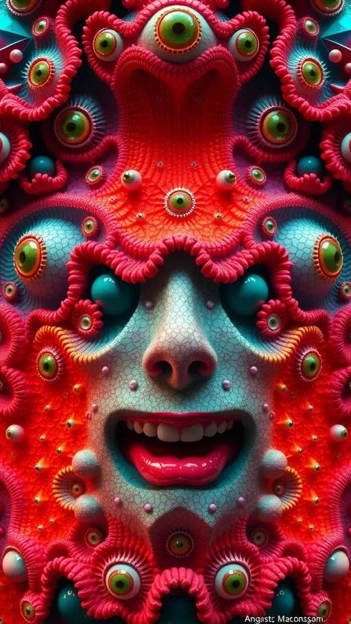 Prompt: an extremely hyper realistic ultra super textural weird trippy surreal abstract psychedelic pattern, lots of crazy psychedelic eyes, female lips, human teeth, Schizophyllum commune,, op art tiling, translucent glass, rose quartz, beryl, opal, kunzite, Pectolite,  Orthoclase , Berkelium , Sodalite , garnet, Rhodium,  lots and lots of light, lots of crazy colorful compound psychedelic human eyes, rows of human teeth, human lips, tongues, lithops, quantum foam, quantum strings, extreme high definition organic and mineral textures, Myrmekitic, banded, fluorescence, Iridescence