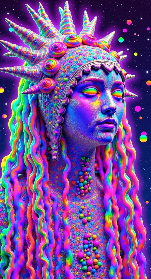 Prompt: Create a super hyperrealistic, finely detailed psychedelic Nouveau illustration of a Cosmic Jester. Feature the word MERRYPRANXTERworked organically into the background somehow.  This enchanting character is a merry prankster of the cosmos, an astral jokester dancing through time and space. She exudes a jester vibe, wearing feminine holographic jester attire & makeup with a feminine, harlequin twist. Not human, but humanoid, she is crafted from vibrant colored light, embodying an extra-dimensional extraterrestrial essence. Her presence is a beacon of joy, as she laughs and twirls through the cosmic astral realms, elevating vibes wherever she roams. 

Her beauty is otherworldly, with long, curly hair that shimmers like a cascade of colored light, appearing blonde yet transcending earthly hues. Her eyes sparkle with mischievous wisdom, and her attire is a dazzling array of intricate patterns and swirling colors, reminiscent of both jester garb and celestial phenomena.

Incorporate the text "the merrypranxter" above her in smaller, elegant lettering, seamlessly blending into the cosmic background. This text should capture the essence of her playful spirit, as if it were a whisper from the universe itself. The illustration should radiate her vibrant energy, portraying her as a timeless wanderer spreading joy and wonder throughout the cosmos.