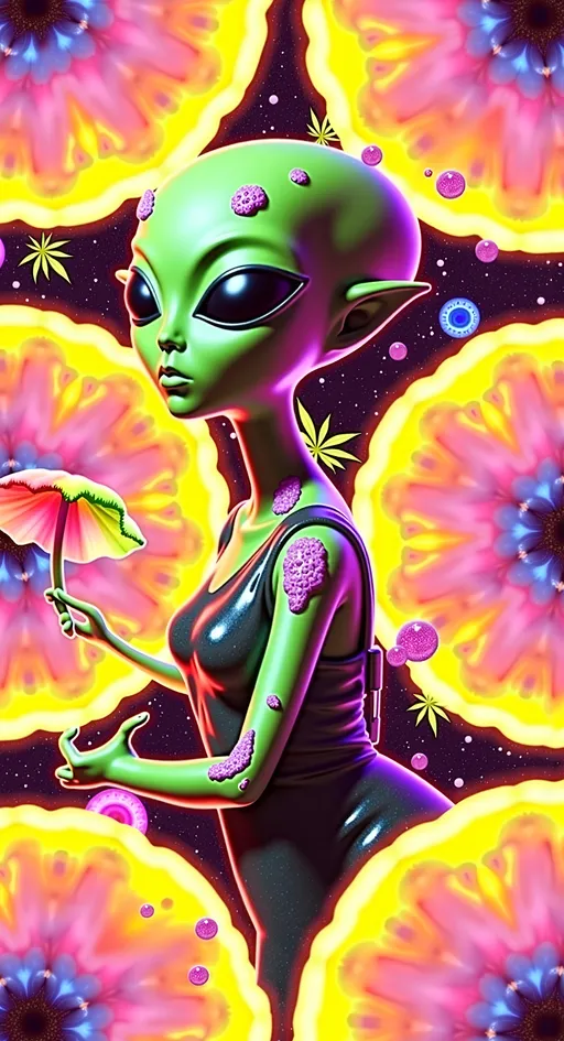 Prompt: **Trashy Cosmic Crew - AI Art Prompt**

Dive into a wild and lively scene featuring our iconic green-skinned alien babe, with her distinctive conical-shaped head and large, solid black almond-shaped eyes, alongside her rowdy extraterrestrial friends. They're striking edgy and playful poses, gesturing at the camera with cheeky irreverence amidst a chaotic backdrop filled with vibrant cosmic and psychedelic imagery.

Set the scene on an alien planet, where the landscapes are as gritty and raw as they are breathtaking. Include elements like rugged asteroids, mysterious moons, blazing suns, distant stars, and swirling nebulae, creating a rich tapestry of celestial wonders.

Add a touch of the surreal with cosmic rays and hints of the astral plane, weaving through the scene like electric currents. Black holes add a mysterious edge, while colorful psilocybin mushrooms and cannabis leaves appear throughout, adding a rebellious and psychedelic twist.

Incorporate lively details like hookahs and herbal rolls, as the alien crew enjoys their cosmic pastimes. The characters are decked out in bold, edgy outfits that scream attitude, with ripped fabrics, metallic accessories, and neon accents.

Let the scene be filled with a sense of carefree fun and camaraderie, as these intergalactic adventurers embrace the chaos of the moment. Capture their mischievous and playful expressions, making sure each character exudes their own unique brand of cosmic cool.

Balance hyperrealistic textures with a raw, artistic style, capturing the edgy and adventurous spirit of this cosmic gathering. Let the fine details and vibrant colors transport viewers into a realm where rebellion and the extraterrestrial collide, in a celebration of cosmic chaos and exploration. 🌌👽🔥

Let this prompt inspire a piece that's as dynamic and visually captivating as it is uniquely yours!