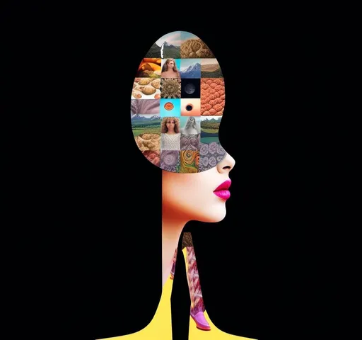 Prompt: A psychedelic collage featuring a photograph of a woman with blond curly long hair. The photo is cut and spliced with other photos - of cats, eyes, body parts, roads, landscapes, lots of eyes, lips, mouths, extra limbs, brains, mushrooms,  trippy optical illusion patterns, pickles, hamburgers, realistic  desert, alien  landscapes, geometric shapes etc in such a way that she has a psychedelic open third eye, in a psychedelic cut and paste collage <mymodel>