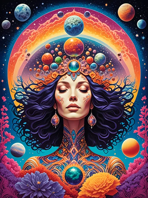 Prompt: <mymodel>Gaia, Mother Earth personified as a deity in outer space, psychedelic poster art illustration, cosmic colors, swirling galaxies, ethereal and glowing, intricate details, vibrant and surreal, high quality, psychedelic, outer space, cosmic, deity, Mother Earth, vibrant colors, swirling galaxies, ethereal, glowing, intricate details, surreal, poster art, illustration, cosmic colors, vibrant, detailed, highres