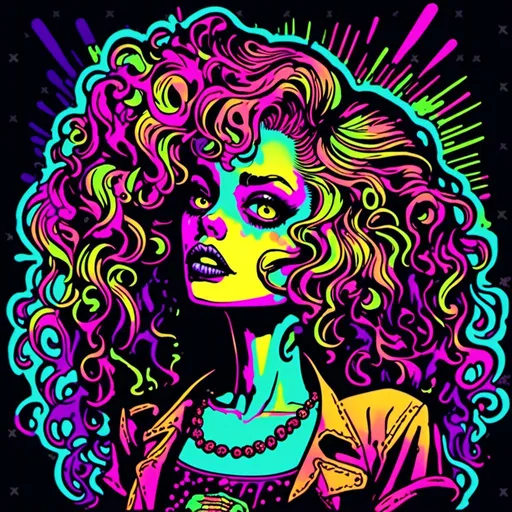 Prompt: <mymodel>Vintage 70s black light poster illustration of a beautiful punk pop rockabilly style zombie girl with long blond curly hair, vibrant colors, retro illustration, psychedelic, detailed hair with cool reflections, groovy, high quality, retro, pop art, zombie, rockabilly, vibrant colors, detailed curls, punk, black light poster, 70s style, vintage, psychedelic lighting