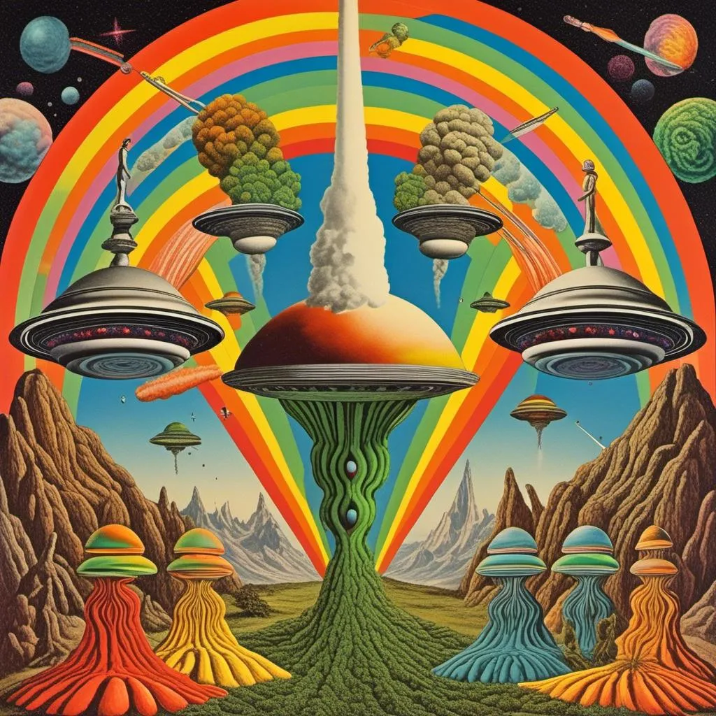 Prompt: A surreal vintage 70s psychedelic sci-fi collage involving- aliens, UFOs, cannabis, marijuana, aliens smoking reefer, aliens smoking weed out of a bong, spliced in with alien surreal landscapes, geometric shapes, optical illusions or trippy psychedelic patterns, planets and starts, rainbow spectrums<mymodel>