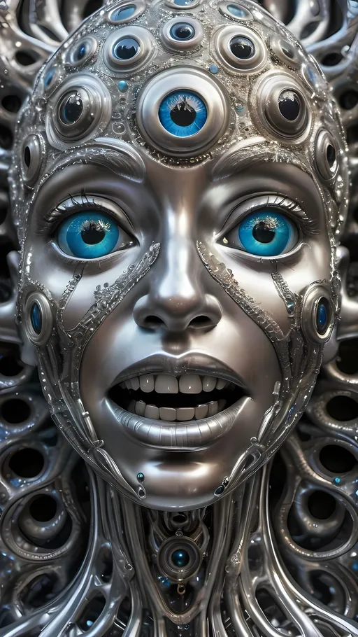 Prompt: An extremely hyperrealistic weird surreal trippy psychedelic silver-based lifeform,  eyes! lots of crazy multicolored compound psychedelic human eyes, rows and rows of human teeth, lips, and tongues, silver colors, vibrant shiny grays, whites, and hints of blues, metallic sheen, silver patina, tarnishing, intricate patterns, cubic crystal structures, highly reflective surfaces, conductive, malleable, ductile, surreal, organic shapes, flowing forms, liquid silver, solid silver, corroded textures, tarnished surfaces, electrical conductivity, thermal conductivity, chemical reactivity, environmental interaction, metallic luster, high reflectivity, surrealistic, biomorphic, complex symmetry, iridescent, vibrant hues, reflective surfaces, intricate details, organic textures, psychedelic elements, dynamic, mesmerizing, otherworldly, intricate, detailed, vibrant, surreal, biomorphic, organic, metallic.
 extreme organic and metallic textures
