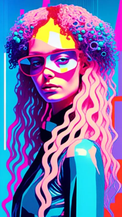 Prompt: <mymodel>Avant-garde alien woman with long curly blond hair, futuristic fashion and accessories made of digital glitches, vibrant glitchy aesthetic, high-tech digital art, detailed curly hair, futuristic fashion modeling, professional, highres, glitch art, avant-garde, vibrant colors, detailed alien features, digital accessories, atmospheric lighting