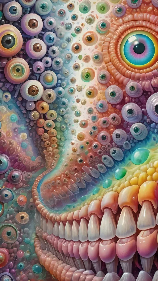 Prompt: an extremely hyper realistic ultra super textural weird trippy surreal psychedelic entity, Phyllotactic Spirals, white, translucent, clear, bright bright pastel colors, oil slick rainbow sheen effect, lots and lots of light, lots of crazy colorful compound psychedelic human eyes, rows of human teeth, fungus, atoms, diatoms, Phyllotactic Spirals