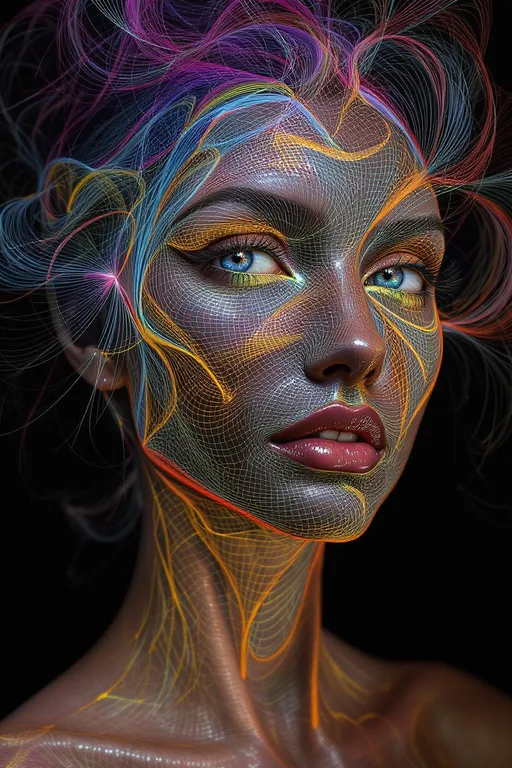 Prompt: Her face is a hypersurface of constant topological type within a foliated 4-manifold. Each feature a leaf in the foliation \mathcal{F}, the structure defined by differential forms on TM. Her expression arises from holonomy flows—eyes trace monodromy paths between sheets of geometry. The rainbow glimmer of her skin is not pigment, but leafwise spectral curvature, light diffracted along tangent bundles. Her hair emanates from quaternion foliation vector fields, warping across normal bundle directions. She is the lamination of form—face distributed across layered worlds.

Tags: #FoliationFace #4ManifoldLayers #LeafwiseLight #QuaternionFieldFlow #RainbowGeometry
