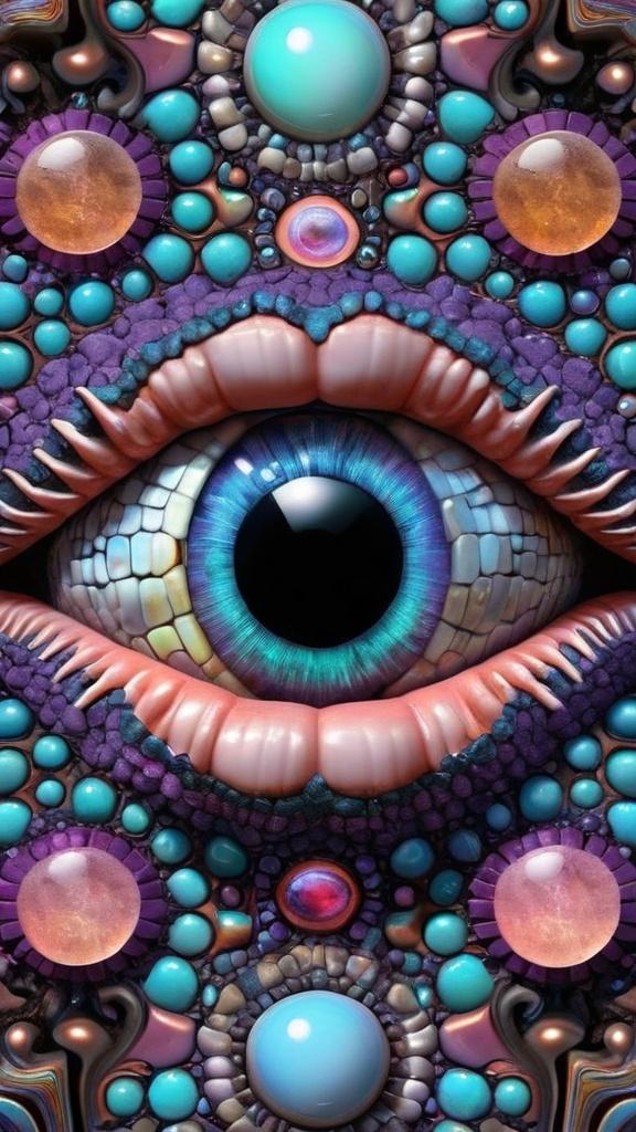 Prompt: Create an extremely hyper-realistic, ultra super textural, weird, trippy, surreal, psychedelic eyes/teeth/mouth pattern/design based on Mandelbrot & “Op Art tiling” with lots of human eyes (crazy colorful compound psychedelic), rows of human teeth, human lips, and tongues. 

- **Colors**: determined by the properties and expressions of the elements (& their isotopes), minerals, and metals: opal, moonstone, amethyst, rose quartz, Platinum (Pt)

**Shapes and forms**
- Mandelbrot 
- "Op Art tiling" 
-other shapes determined by the natural properties and expressions of the elements (& their isotopes), minerals, metals, and biological organisms: opal, moonstone, amethyst, rose quartz,  Platinum (Pt)


- **Textures**: Derived from any/all elements (& their isotopes), minerals, metals, crystals, organic things mentioned in this prompt: opal, moonstone, amethyst, rose quartz, Platinum (Pt)

**Composition and Layout**:
- a pattern/design based on the Op Art tiling & Mandelbrot 

**Lighting**:
- lots of bright light
- Phosphorescence

**Detail and Atmosphere**:
- Extreme hyperrealistic sharp high detail high definition organic and mineral textures
- Psychedelic, weird, odd, surreal atmosphere
- Frozen in time

**Additional Elements**:
- extra rows of teeth, lips, many eyes, Op Art tiling, Mandelbrot 
