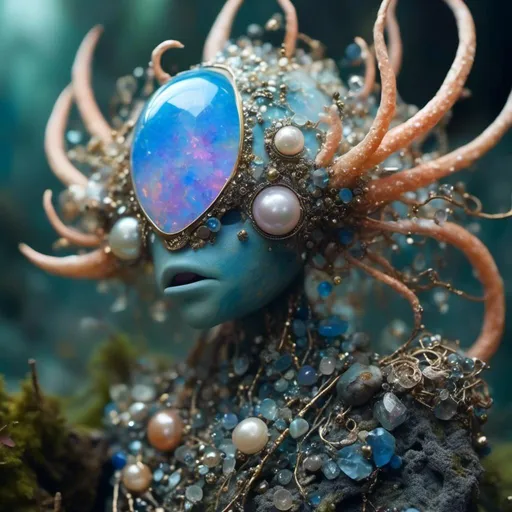 Prompt: <mymodel> a life-infused, living breathing opal, pearl, kyanite, pyrite & silver monster/creature/entity with head/face/body/limbs etc, eyes, mouth, extreme organic & mineral textures