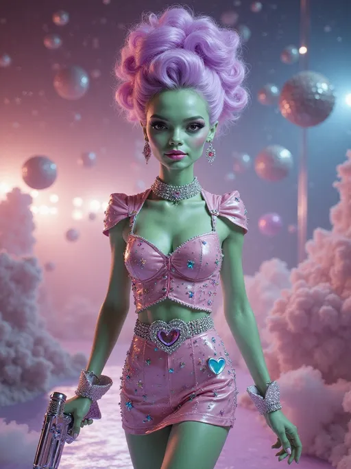 Prompt: A hyperrealistic alien beauty queen struts confidently down a floating glass runway suspended in a candy-colored nebula. Her skin is mint green, smooth and subtly iridescent, and her bouffant hair explodes in sculpted cotton candy curls—pink at the base, flaring into lavender tips, topped with glittery heart-shaped antennae. Her face is immaculate, with shimmering blush, oversized holographic lashes, and glossy bubblegum lips that reflect like patent leather.

Her body-hugging retro vinyl minidress is covered in metallic appliqués of hearts, moons, stars, and little glittering planets, all meticulously embedded into the folds like vintage costume jewelry. Rhinestones crust her neckline, wrists, even the seams of her chrome go-go boots. A sparkling belt buckle shaped like Saturn cinches her waist, and her shoulderpads flare like sparkling wings made of mirrored prisms. Her raygun, holstered in a rhinestone hip strap, has a heart-shaped barrel that shoots holographic sparkles.

Surrounding her: floating op-art panels in black and white, rotating slowly like hypnotic candy swirls. In the background, hovering bubble chairs, sparkly disco asteroids, and kitschy UFOs shaped like tiaras. The whole image glows with vintage soft focus grain, like a forgotten pin-up photoshoot from the Venus edition of 1965’s Galactic Bachelorette Monthly.

Color palette: bubblegum pink, holographic silver, lemon-lime, teal chrome, soft violet.
Finish: soft analog grain with brilliant, candy-slick highlights.
