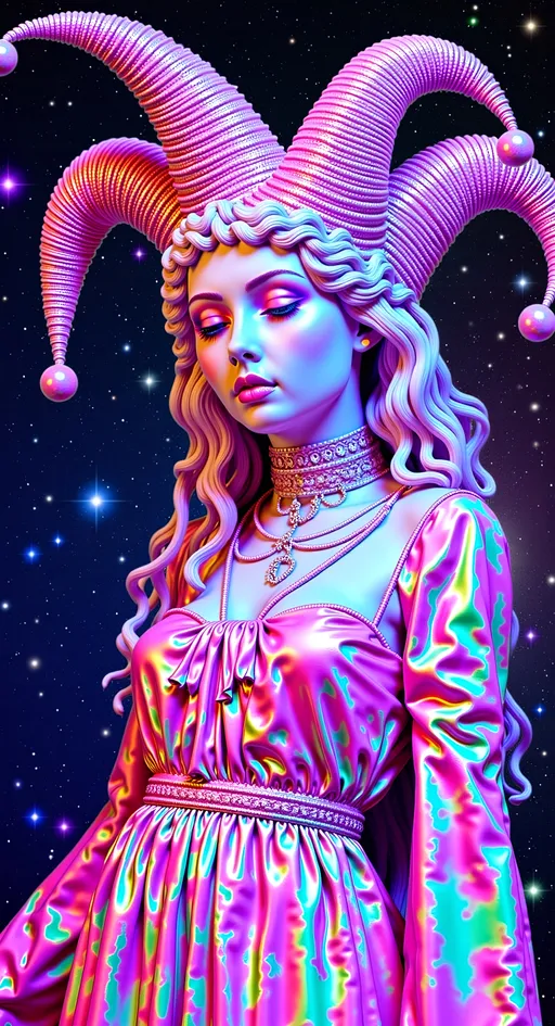 Prompt: Create a super hyperrealistic, finely detailed psychedelic Nouveau illustration of a Cosmic Jester. Feature the word MERRYPRANXTERworked organically into the background somehow.  This enchanting character is a merry prankster of the cosmos, an astral jokester dancing through time and space. She exudes a jester vibe, wearing feminine holographic jester attire & makeup with a feminine, harlequin twist. Not human, but humanoid, she is crafted from vibrant colored light, embodying an extra-dimensional extraterrestrial essence. Her presence is a beacon of joy, as she laughs and twirls through the cosmic astral realms, elevating vibes wherever she roams. 

Her beauty is otherworldly, with long, curly hair that shimmers like a cascade of colored light, appearing blonde yet transcending earthly hues. Her eyes sparkle with mischievous wisdom, and her attire is a dazzling array of intricate patterns and swirling colors, reminiscent of both jester garb and celestial phenomena.

Incorporate the text "the merrypranxter" above her in smaller, elegant lettering, seamlessly blending into the cosmic background. This text should capture the essence of her playful spirit, as if it were a whisper from the universe itself. The illustration should radiate her vibrant energy, portraying her as a timeless wanderer spreading joy and wonder throughout the cosmos.