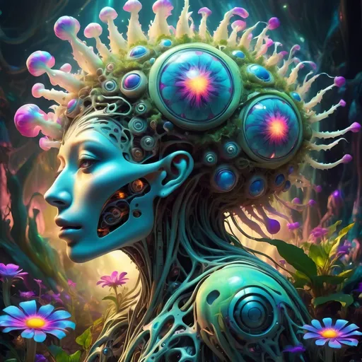 Prompt: a hyper realistic psychedelic hallucination of a surreal dreamlike creature that is simultaneously organic plant,  and light and mechanical. Psychedelic trippy flower creature, floral, dreamlike