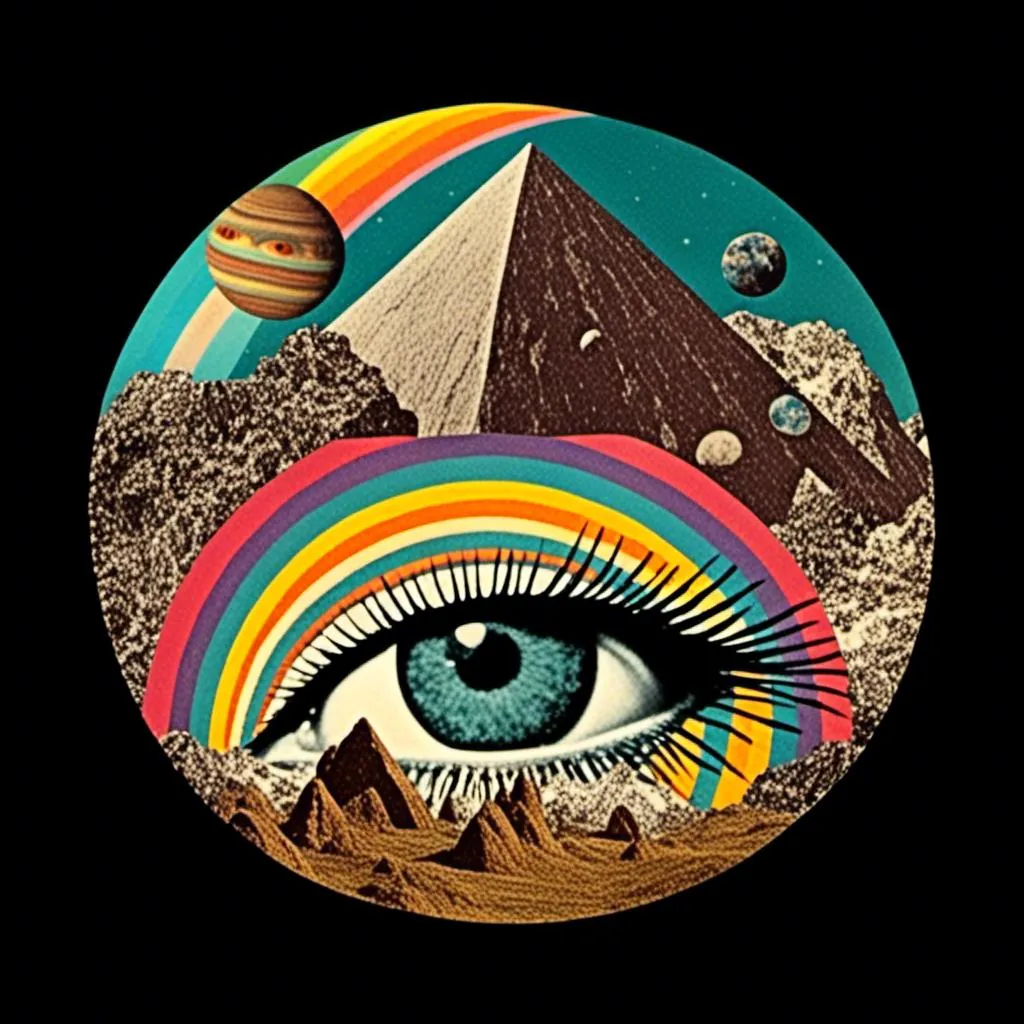 Prompt: <mymodel>Vintage 70s psychedelic surreal sci-fi. Surreal psychedelic Collage Featuring trippy psychedelic patterns/optical illusions in geometric shapes/arrangements/interspliced with images of KITTY cats, eyes, and rainbow spectrums, spliced with images of surreal/alien/mountainous landscapes, planets and moons and asteroids, mushrooms, all cut up and mixed together to create a cool trippy vintage sci-fi psychedelic collage