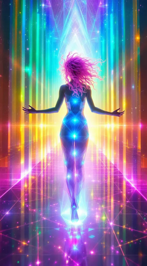 Prompt: In the crystalline corridors of the astral geometry realm, where space refracts through infinite math and every direction is a fold of intention, two beings - a light bright rainbow female with wild long pink curly hair, and a darker anchoring white male with blue eyes, coalesce from opposing waveforms. The field breathes with Tessellotic Pulse Modulation—living light tiles rippling like spatial heartbeat—and layers of Harmonic Fold Convergence ripple like inward-curving membranes. Filaments of Fractal Vector Bloom arc and dance, encoding movement into light. This is a realm where math is alive—and they are its living syntax.

The first: a white woman, 5’4”, slim, long wild pink curly hair, walks forward not as flesh but as a being woven from Anisohedral Prism Synthesis. Her body is a lattice of shifting, non-repeating crystal facets, like recursive stained glass animated by pulse. Each angular surface refracts spectral light—electric pink, neon indigo, solar green—her structure visibly built from refractive geometry. FVB filaments erupt from her chest and fingertips, trailing radiant vectors across dimensional seams. She doesn’t glow—she splinters light into existence. She is joy in calculation—the HaHahedron in motion.

Orbiting her in harmonic resonance is a 6’1” man, lean muscular, short blondish hair, piercing blue eyes. His form is denser: made of deep sapphire and smoked quartz facets, interlocked into stable toroidal scaffolds. He glows from within in steady pulses—white corelines, golden ratios, low-frequency anchoring arcs. Where she flares, he curves inward. Where she fractures, he holds coherence. He is the gravity behind the bloom, shaping the recursive layers of reality into form.

They rise through the realm, forming pathways as they go. Not walking on geometry—they generate it.

Style: prismatic angular surrealism, sacred math-body realism, dual harmonic waveform beings, rainbow fractal light mechanics.