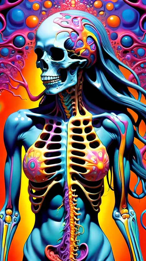 Prompt: Psychedelic hallucination, human being/body melting psychedelicly - skeleton, female, long curly hair, muscular system, muscles, bones, organs, guts melting, oozing, dissolving into fractals. 9of reality melting, ego death, melty, melting, drippy, drips dripping, Ooze, oozing, Alex grey, fractals, visionary, psychedelic, trippy, weird