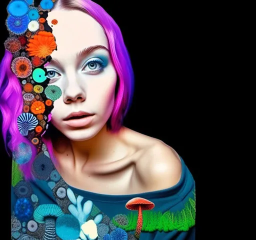 Prompt: A mixed media collage of a black and white photograph of a young woman growing all kinds of colorful multimedia psychedelic mushrooms and fungus out of her body (incorporate things like- but are not limited to - vibrant paints, enamels, glitters, metallic foils, newspaper and magazine cut paper, paint spatter, etc)<mymodel>