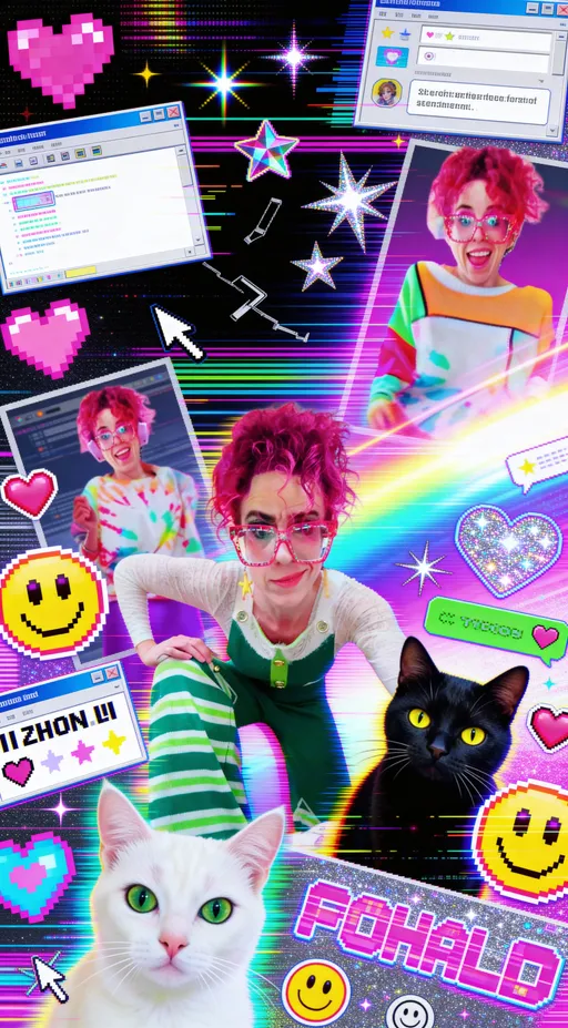 Prompt: Chaotic, maximalist Y2K-inspired digital collage made out of all the reference images chaotically however you want to use them- exploding with early-internet nostalgia: hyper-saturated neon color palette (hot pink, electric blue, acid green, cyber purple), heavy pixelation, JPEG artifacts, scanlines, CRT glow, glitter gradients, lens flares, and blown-out highlights. Layered composition packed edge-to-edge with overlapping elements—pixel hearts, smiley faces, low-poly stars, dial-up UI windows, pop-up boxes, broken cursors, glitter text, chat bubbles, cyber stickers, distorted icons, retro emojis, and vaporwave patterns. Intentional visual noise: compression glitches, datamosh streaks, chromatic aberration, misaligned layers, rough cut-and-paste collage energy. Mix of 2D and faux-3D elements, skewed perspective, warped typography, animated-GIF-style motion blur frozen in time. Feels like a MySpace profile, Winamp skin, and early Flash website all colliding at once—messy, loud, playful, and overwhelming. High detail, maximal clutter, no empty space, bold contrast, joyful chaos, nostalgic internet overload aesthetic.
