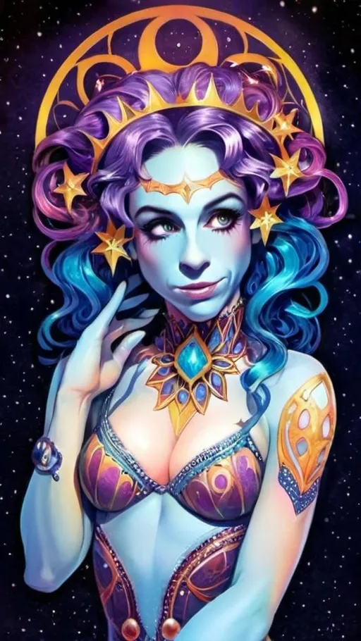 Prompt: Create a surreal, psychedelic cosmic goddess in a vibrant Art Nouveau style. The figure is a celestial jester with a glowing, otherworldly blue skin tone, adorned with intricate, textured patterns. Her hair is long, wavy, and multicolored, flowing like liquid rainbows. She wears a form-fitting, shimmering bodysuit with iridescent, pastel colors and delicate beadwork, blending fractals and op art tiling. Her jester hat has curved, striped horns tipped with glowing orbs, radiating soft light. Around her neck and chest are ornate, jeweled chokers and pendants, glowing with cosmic energy. 

The background is a star-filled galaxy, with vibrant nebulae and twinkling stars casting a soft, ethereal glow. Subtle fractal patterns and glowing geometric shapes float around her, enhancing the mystical atmosphere. Her pose is graceful and commanding, with hands outstretched, palms glowing with radiant energy. The entire scene exudes a blend of cosmic mysticism, psychedelic aesthetics, and vintage circus vibes, with a focus on intricate details and vibrant, harmonious colors.