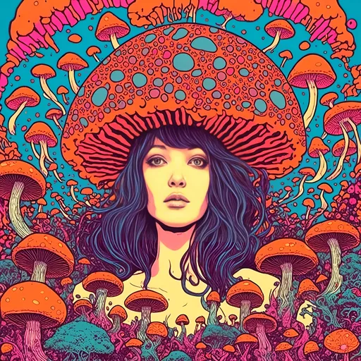 Prompt: <mymodel>Psychedelic album cover art of a girl, vibrant colors, trippy visuals, surreal mushrooms, high-quality, detailed illustration, psychedelic, poster art, vibrant colors, surreal, girl, mushrooms, trippy visuals, detailed, professional, surrealistic lighting