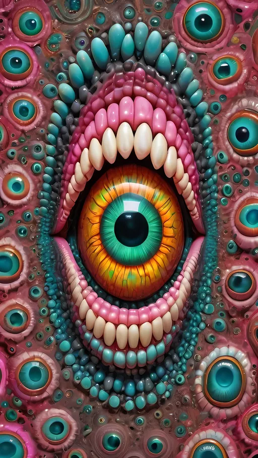 Prompt: an extremely hyper realistic ultra super textural weird trippy surreal psychedelic entity, Cardioid Curves, ,,, translucent, copper, clear, bright vivid teals, pinks/yellows/greens, black charcoal, lots and lots of light, lots of crazy colorful compound psychedelic human eyes, rows of human teeth, fungus,  atoms, diatoms,, Cardioid Curves