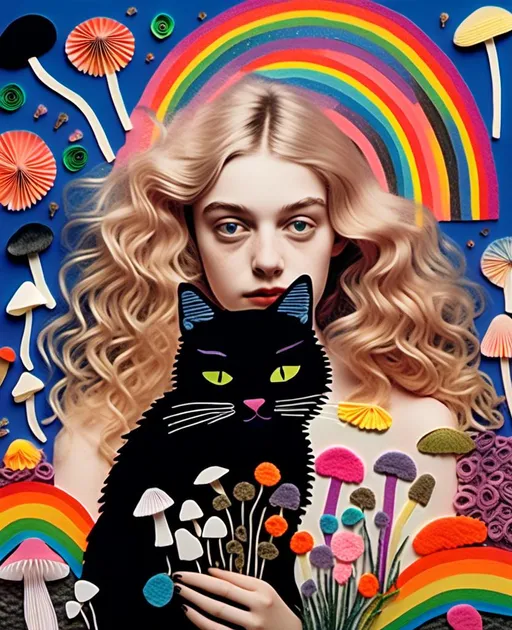 Prompt: <mymodel>Mixed media collage of girl and black cat, long blond very curly hair, solid black cat, mushrooms, rainbows, photographs, magazine paper, thread, cut quilled paper, paint, holographic foil overlay, highres, vibrant, whimsical, mixed media, detailed hair, surreal, colorful, dreamy lighting