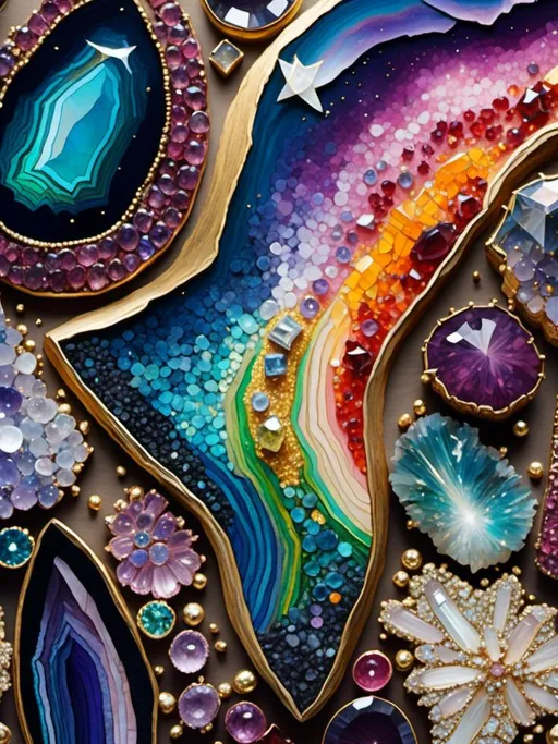 Prompt: <mymodel>Rainbow galaxy and stars made of inlaid gemstones, sparkling and refracting light, high quality, detailed gemstone textures, cosmic theme, vibrant and rich colors, surreal, fantasy, ethereal lighting, luxurious, precious materials, starlight reflections, colorful gemstones, galaxy, stars, high quality, cosmic, surreal, vibrant colors, detailed textures, ethereal lighting