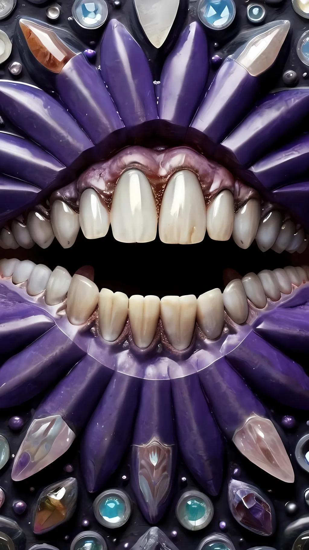 Prompt: Create an extremely hyper-realistic, ultra super textural, weird, trippy, surreal, psychedelic eyes/teeth/mouth pattern/design based on “ Graptopetalum amethystinum” & “op art tiling” with lots of human eyes (crazy colorful compound psychedelic), rows of human teeth, human lips, and tongues. 

- **Colors**: determined by the properties and expressions of the elements (& their isotopes), minerals, and metals: Nickel (Ni), Tanzanite, Feldspar, Pectolite, “Graptopetalum amethystinum”

**Shapes and forms**
- “Graptopetalum amethystinum”
-other shapes determined by the natural properties and expressions of the elements (& their isotopes), minerals, metals, and biological organisms: diatoms, Nickel (Ni), Tanzanite, Feldspar, Pectolite

- **Textures**: Derived from any/all elements (& their isotopes), minerals, metals, crystals, organic things mentioned in this prompt: “Graptopetalum amethystinum” Nickel (Ni), Tanzanite, Feldspar, Pectolite

**Composition and Layout**:
- a pattern/design based on the “graptopetalum amethystinum”

**Lighting**lots and lots of bright shining reflective light


**Detail and Atmosphere**:
- Extreme hyperrealistic sharp high detail high definition organic and mineral textures
- Psychedelic, weird, odd, surreal atmosphere
- Frozen in time

**Additional Elements**:
- extra rows of teeth, lips, many eyes, diatoms, “Graptopetalum amethystinum”, Aventurescence, Chatoyancy
